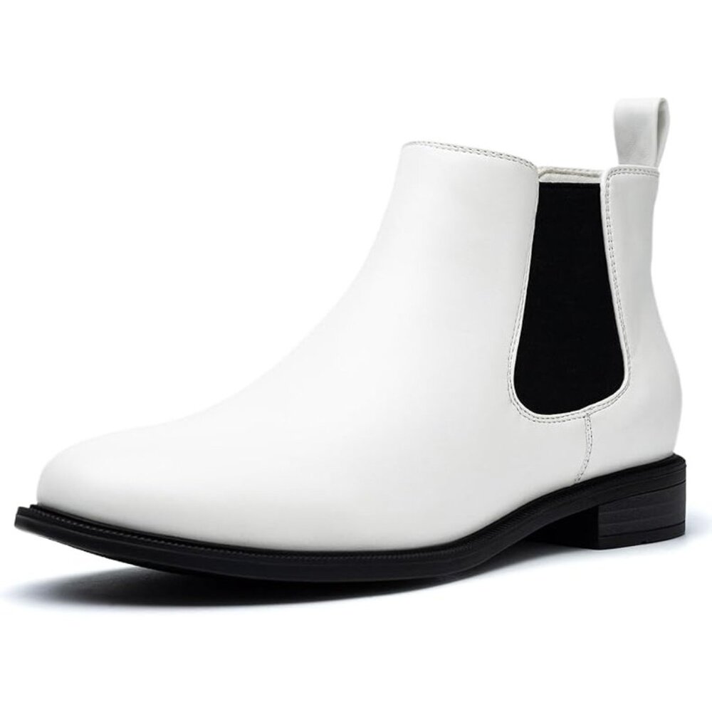 Anjoufemme Size 9 Chelsea Ankle Boots Classic White Synthetic Leather Flat Heel